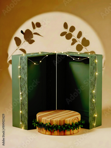 An open book with fairy lights and a pedestal display setup