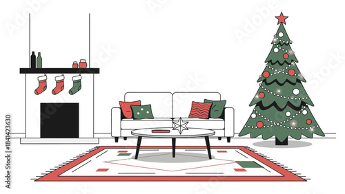 A festive living room interior with a Christmas tree, decorated fireplace, and a white couch on Christmas Day with a colorful rug.