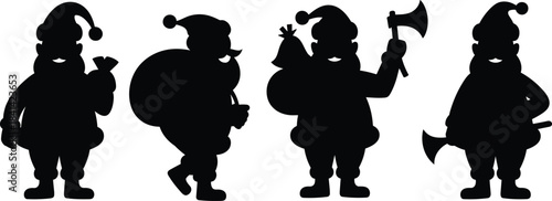 Santa, silhouette, festive, Christmas, sack, axe, walking, pose, character, holiday, gift, vector, illustration, tradition, black, costume, gesture, seasonal, jolly, celebration
