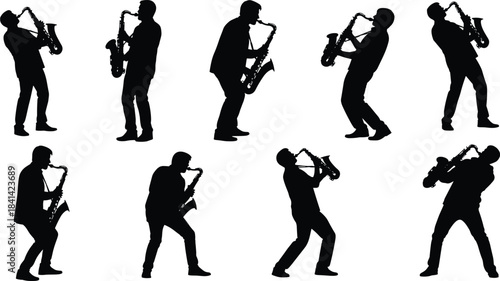 Saxophone, player, silhouette, music, jazz, performance, musician, pose, dynamic, black, vector, illustration, concert, sound, rhythm, expressive, artistic, stage, energy, instrument