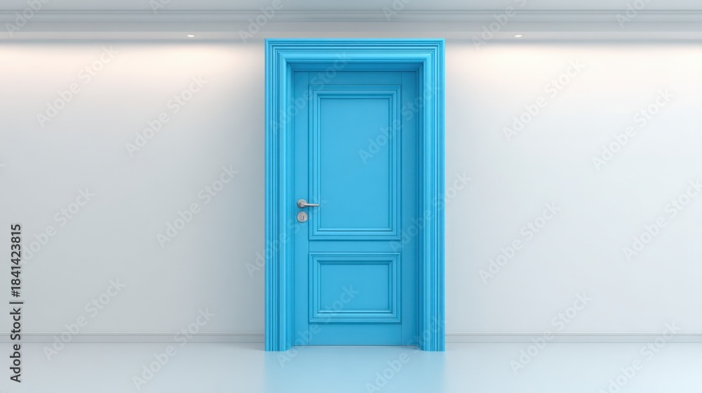 Obraz premium Blue door in a minimalist white room, creating contrast and depth for architectural design concepts