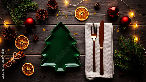 Festive christmas table setting with green plate and seasonal decorations