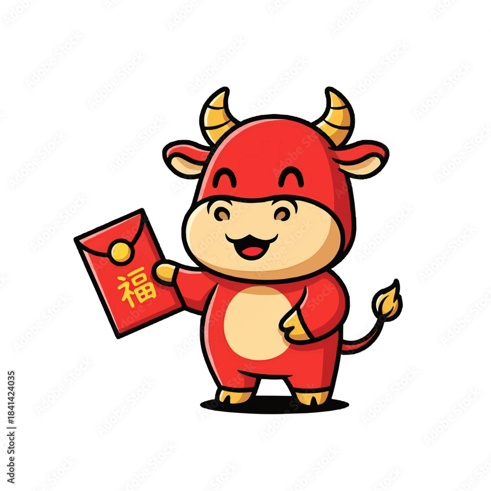 Fototapeta premium A festive cartoon ox holding a red envelope isolated on a transparent background