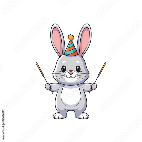 A happy rabbit wearing a party hat is holding sparklers isolated on a transparent background