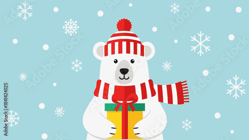A cheerful cartoon polar bear wearing a red and white striped hat and scarf holds a wrapped gift on a light blue background with snowflakes on Christmas Day.