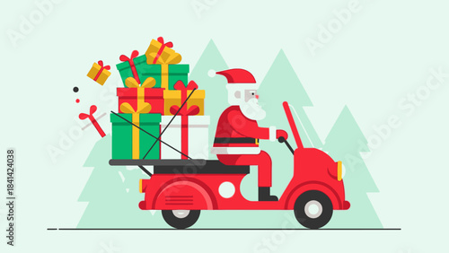 Illustration of Santa Claus riding a red scooter loaded with colorful gifts on Christmas Day against a light green background with pine trees.