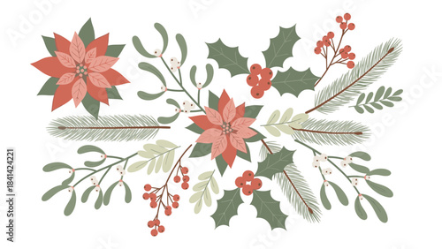 Christmas Day decorative arrangement of poinsettias, holly, and evergreen branches on a white background with a festive mood and warm colors.