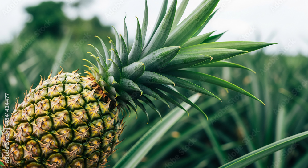 Fototapeta premium Close-up of a ripe pineapple with spiky green leaves, presented against a blurred field background, representing tropical agriculture and harvest