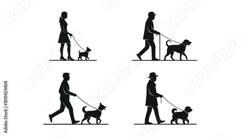 Set of four black silhouette icons depicting people walking dogs leashes in various poses and styles, perfect for pet care or walking service illustrations