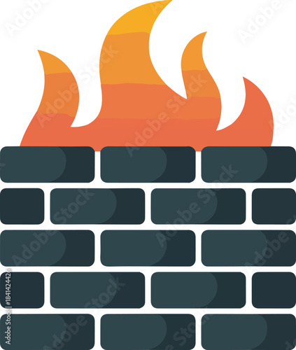 Firewall vector icon showing a sturdy brick wall with orange flames representing digital security and online protection