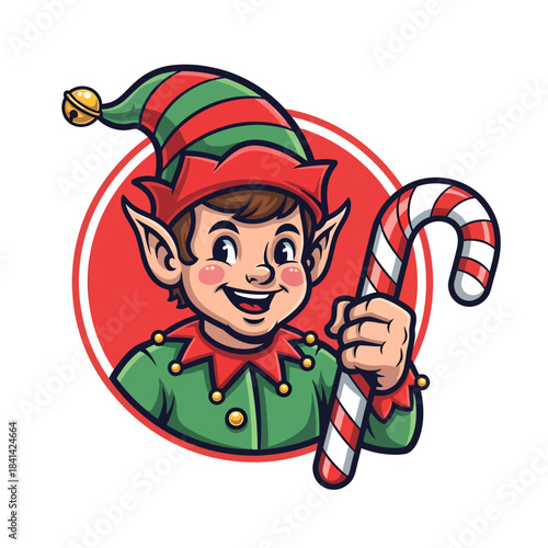 Christmas Elf with Candy Cane: A cheerful christmas elf, adorned in festive attire, clutches a candy cane with glee. An invitation to seasonal cheer, joy and delight.