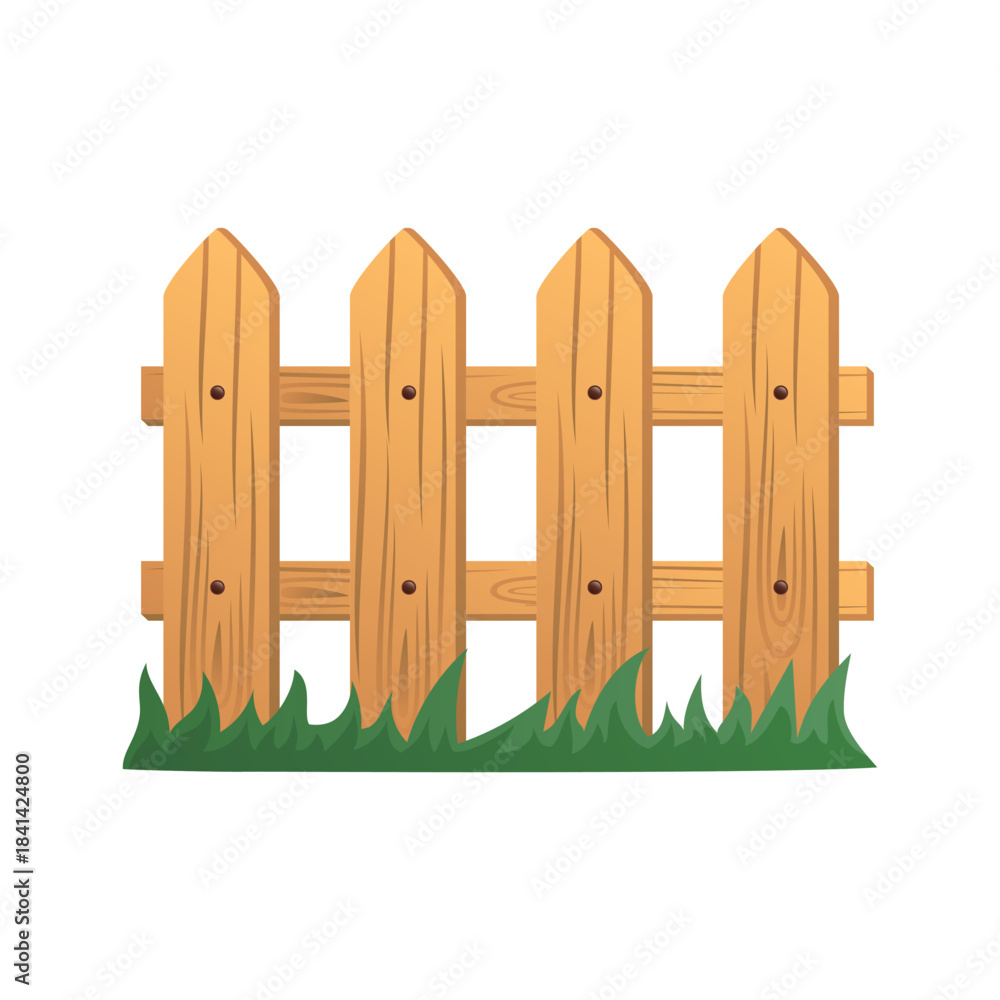 Obraz premium Wooden Picket Fence Section with Green Grass Flat Vector Illustration