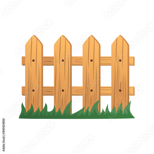 Wooden Picket Fence Section with Green Grass Flat Vector Illustration