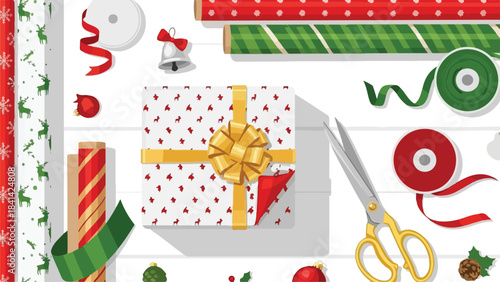 Flat illustration of holiday gift wrapping setup with ribbons, scissors, paper rolls, and ornaments, flat commercial-friendly vector illustration.