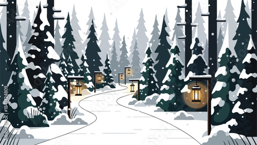 Flat illustration of a snow-covered mountain village with pine trees and cozy cabins, simple flat color design, minimal details.