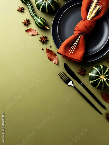 Autumn harvest table setting with pumpkins gourds and warm fall decor