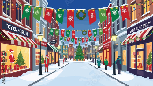 Flat illustration of a festive office desk with laptop, cocoa mug, small Christmas tree, ornaments, and stationery, clean minimal style.