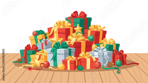 Flat illustration of holiday gift wrapping setup with ribbons, scissors, paper rolls, and ornaments, flat commercial-friendly vector illustration.