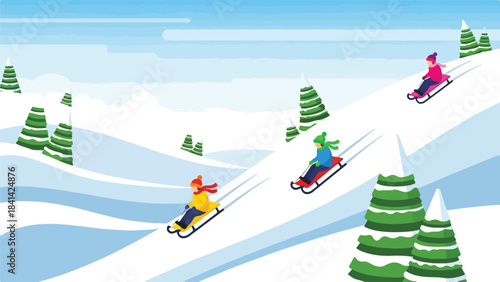 Flat illustration of a winter ice-skating pond with children skating, pine trees, snowflakes, flat minimal vector style.