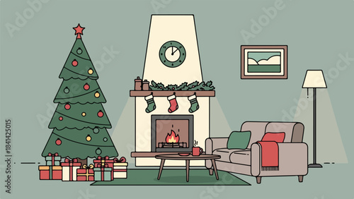 Flat illustration of cozy fireplace corner with tree, gifts, stockings, soft glowing lights, flat minimal vector style.