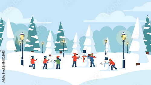 Flat illustration of snowy playground with children building snowmen, pine trees, and soft snowfall, flat clean vector style.