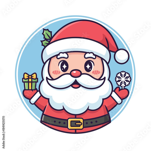 Santa Claus with Presents: A cheerful cartoon illustration of Santa Claus holding a gift box and a snowflake, embodying the joy and generosity of the holiday season.