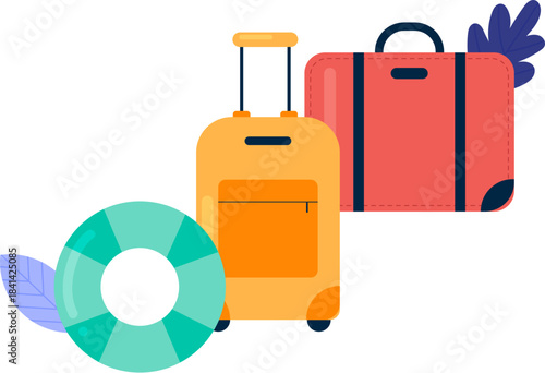 Vibrant yellow and red suitcases with a turquoise inflatable ring, ready for a delightful summer holiday adventure or a relaxing beach vacation, symbolizing travel preparations and sunny escapes