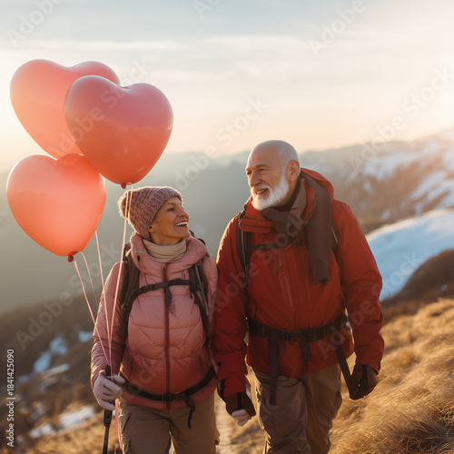 senior couple hiking in the mountains with heart balloons