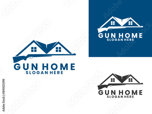 long barreled weapon with house logo design. Gun home logo design vector template