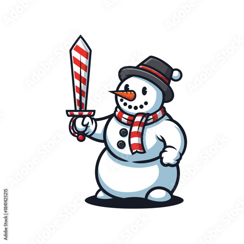 Snowman Warrior: A cheerful snowman, adorned with a hat and scarf, stands ready with a candy cane sword, embodying festive cheer and wintery charm.