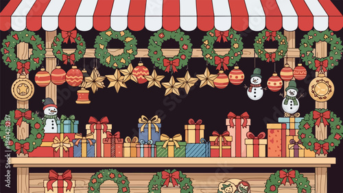 Flat illustration of a festive Christmas parade scene with floats, balloons, and snowflakes, clean minimal vector style.