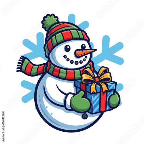 A cute cartoon snowman wearing a striped hat and scarf, holding a wrapped gift box with a ribbon, with a snowflake in the background.
