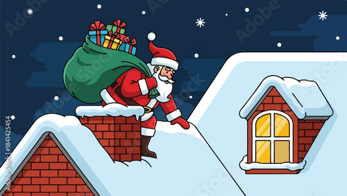 Santa Claus climbing down chimney with gifts on snowy roof at night