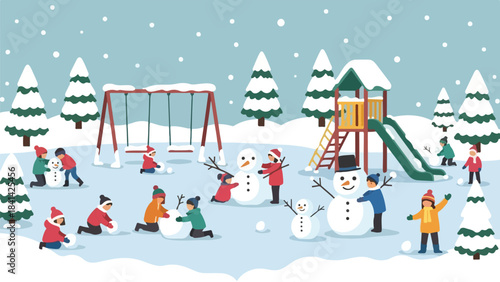 Children playing in snowy park, building snowmen and having fun in winter wonderland scene.