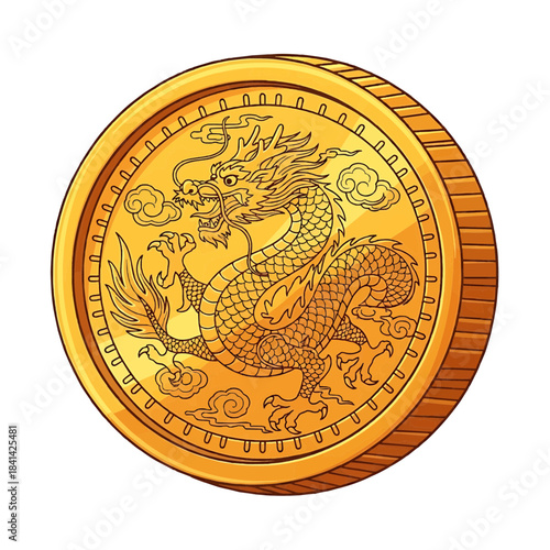 A detailed illustration of a golden coin featuring an intricate dragon design, showcasing wealth and prosperity isolated on a transparent background