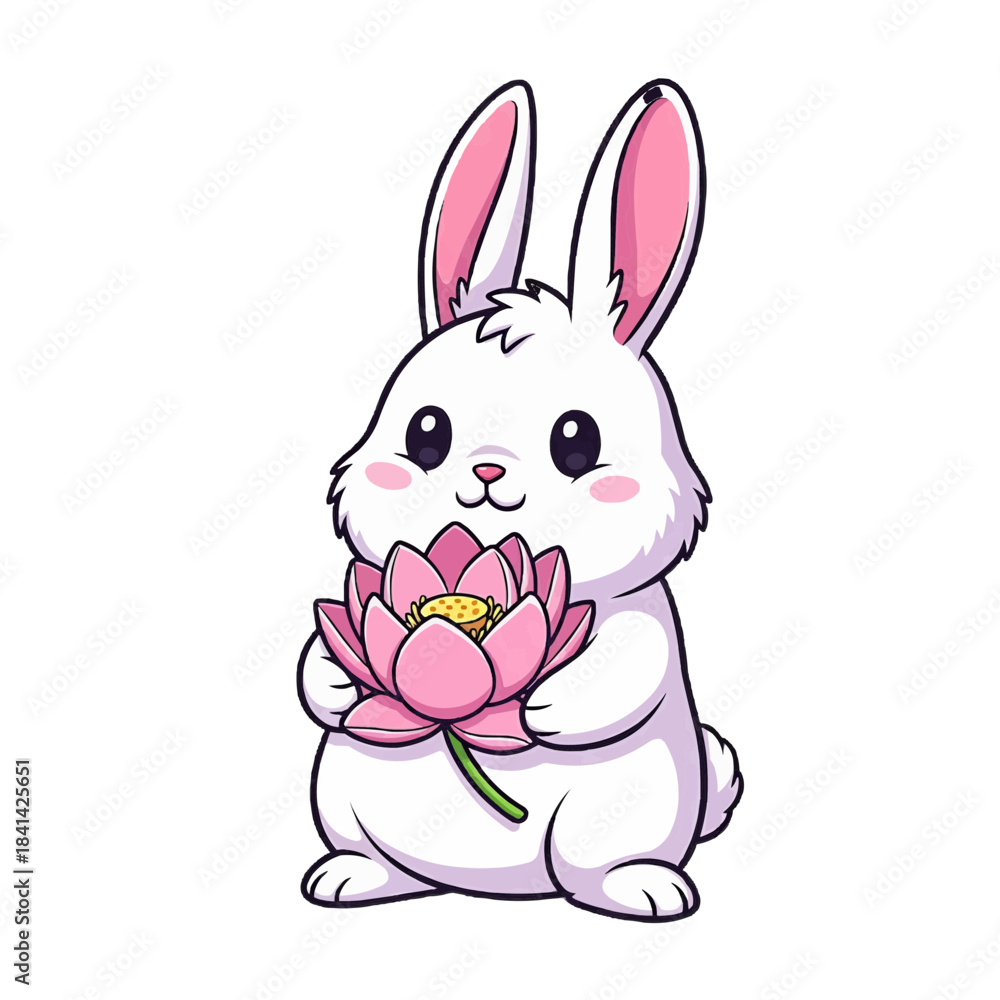 Obraz premium A cute cartoon rabbit holding a pink lotus flower. The rabbit is white with pink ears and cheeks isolated on a transparent background