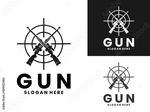 Sniper with circle aim logo design vector template. Gun logo design
