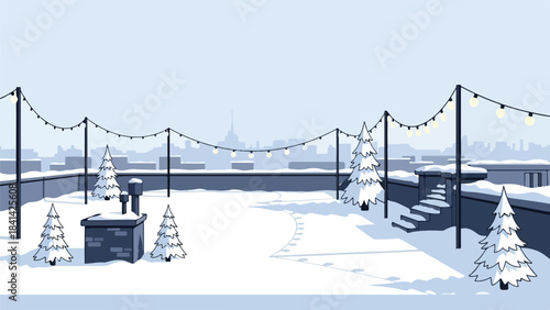 Snowy Rooftop Terrace with City Skyline and Christmas Trees in Winter Wonderland Scene