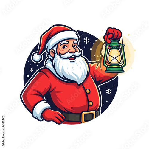 Santa Claus holding a glowing lantern with a festive winter background.