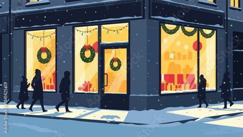 Christmas Storefront on Snowy Evening with People Walking by Decorated Windows with Wreaths and Lights
