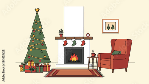 Cozy Christmas living room with fireplace, tree, and gifts
