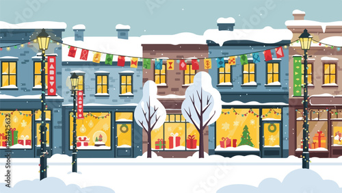 Festive Snowy Street with Decorated Shops and Trees