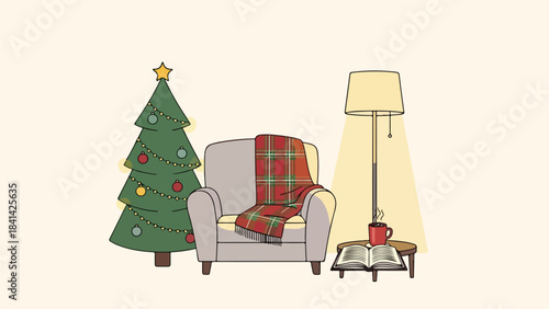 Cozy Christmas scene with decorated tree, armchair, and warm lighting at home.