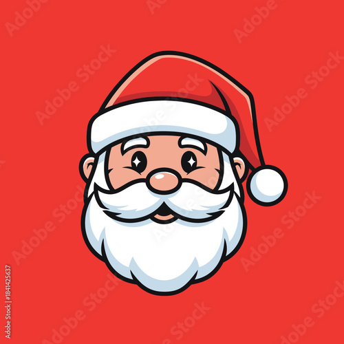 Cartoon illustration of Santa Claus's head with a red hat and white beard on a solid red background.