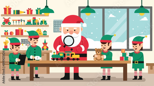 Santa Claus and Elves Working Together in Toy Workshop on Christmas Eve Night