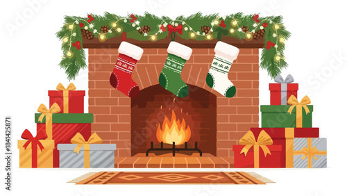 Cozy Christmas Scene with Fireplace, Stockings, and Gifts on a Winter's Night