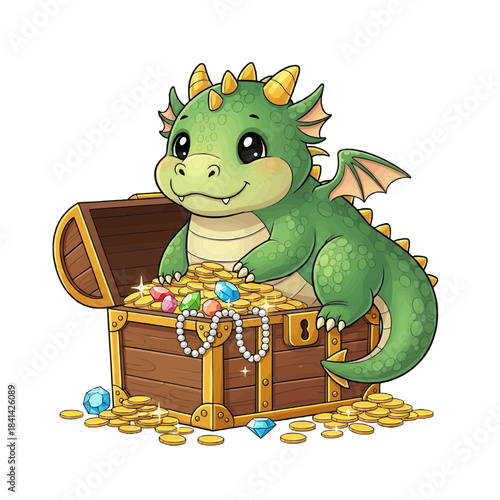 A charming dragon sits atop a treasure chest full of gold coins, jewels, and necklaces. The dragon has a cute smile.  isolated on a transparent background