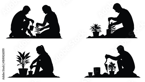 Silhouettes of people planting and gardening activities couples and individuals tending to potted plants and saplings