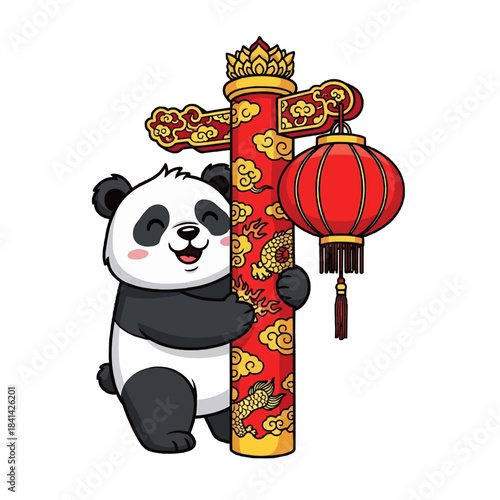 A cute panda bear with a chinese decoration. The panda bear holds a column with a traditional red lantern. isolated on a transparent background