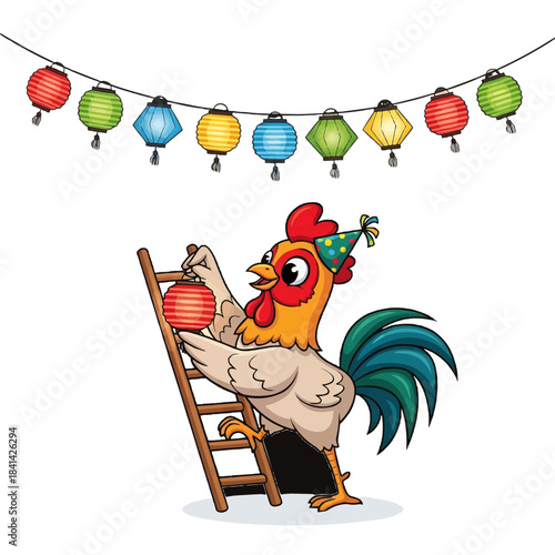A festive rooster hanging colorful lanterns from a wooden ladder, celebrating the holiday season with decorations isolated on a transparent background